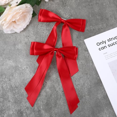 Red Satin Hair Bow Clips 2 Pack Large Hair Accessories for Women & Girls