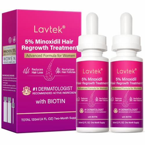 Lavtek 5% Minoxidil Hair Growth Serum for Women - Biotin & Castor Oil, 2 Pack