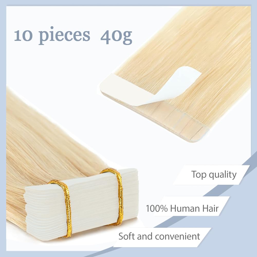 HuxoWax 28 Inch Straight Tape In Human Hair Extensions #613 Blonde Double Weft Weave 10 Packs Total 40g #613 Blonde Color Invisible Human Hair Tape In Extensions