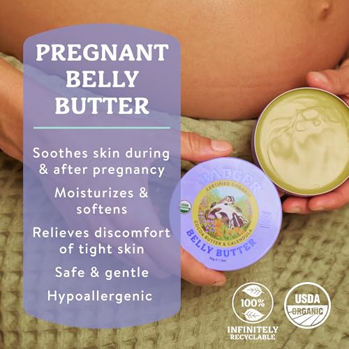 Badger Belly Butter, Organic Stretch Mark Cream for Pregnant Belly, Rich Hypoallergenic Moisturizing Organic Cocoa Butter & Coconut Body Butter for Women, 2 oz Tin