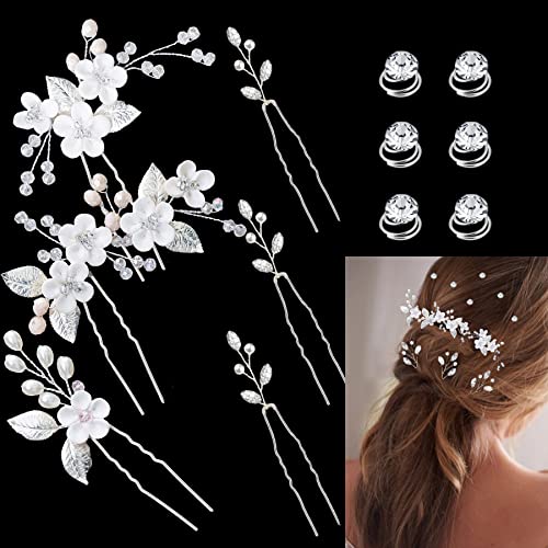 Silver Wedding Hair Pins Set with Pearl & Flower Clips - 12 Pieces