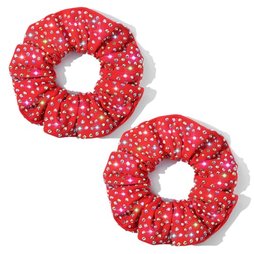 CEELGON Red Glitter Rhinestone Scrunchies 2-Pack for Cheerleading & Dance