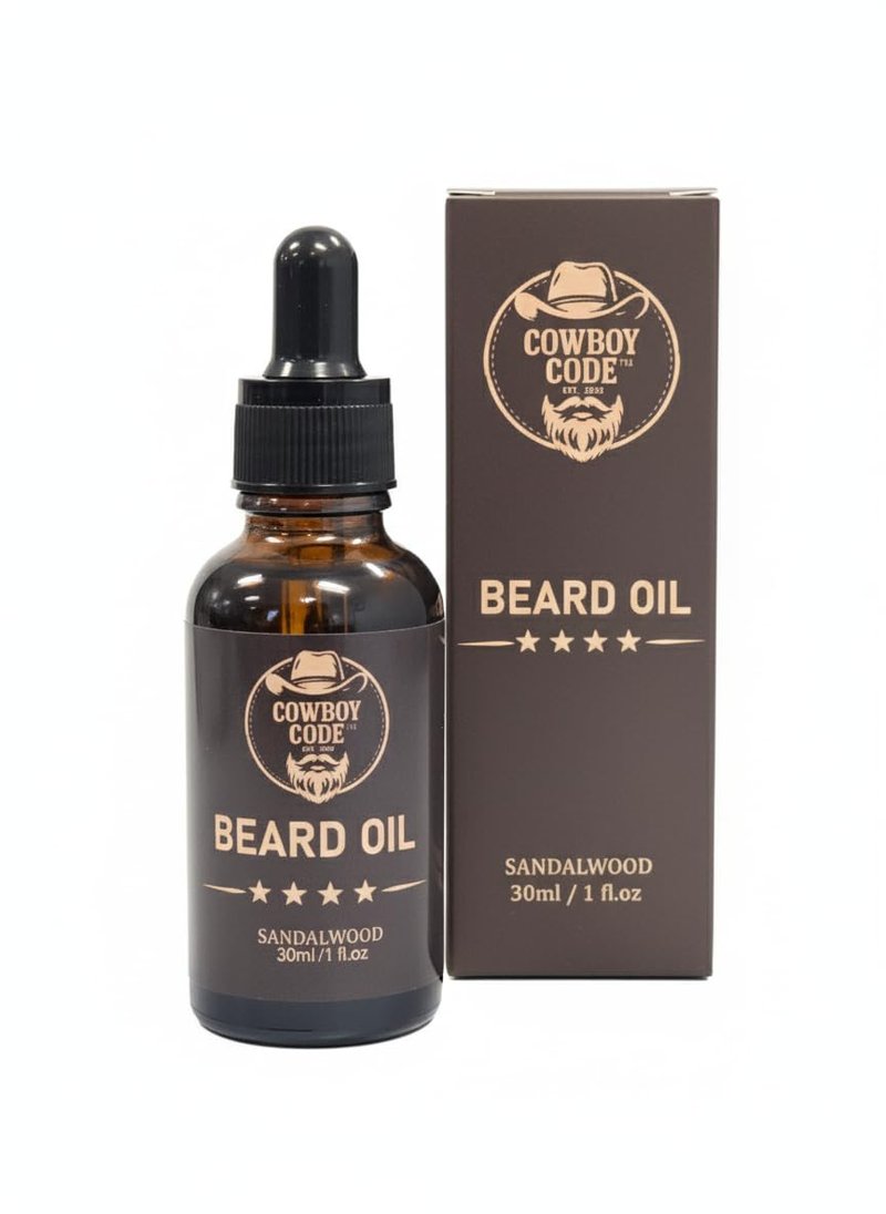 Cowboy Code Sandalwood Beard Oil for Men. Argan and Jojoba Blend Crafted to Soften and Condition for a Fuller, More Confident Beard. Natural Grooming Oil, 30ml