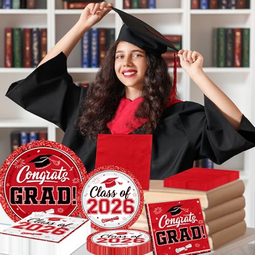 Class of 2026 Graduation Plates and Napkins Set - 200pcs Red & White Party Supplies