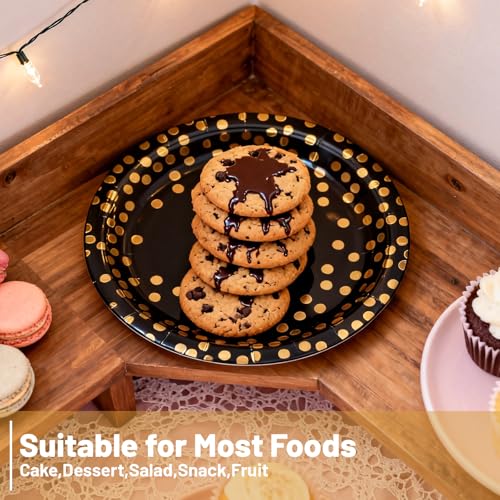 Black Paper Plates 9 Inch - 40 Count with Gold Foil Polka Dots