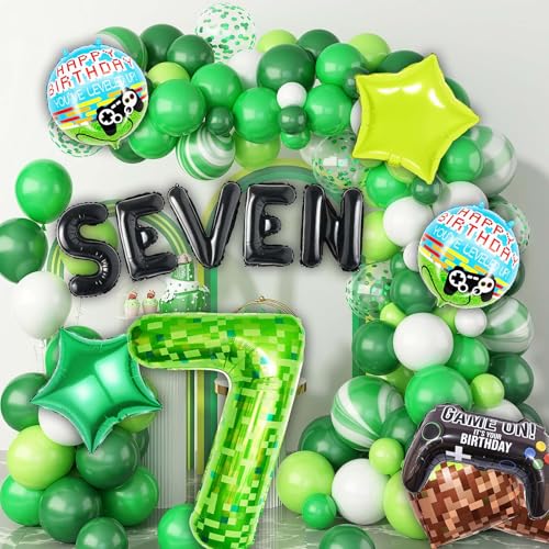 40-Inch Green Pixel Miner Number 7 Balloon Set - 13 Pcs Video Game Party Decorations