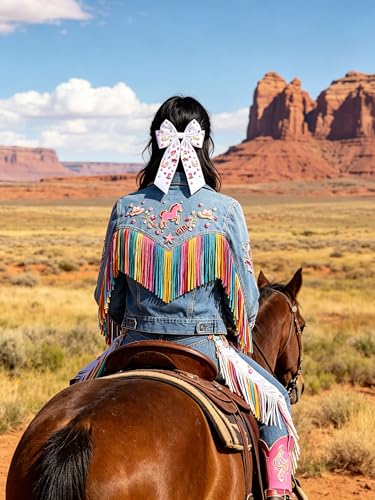 Mokkia Pattern C Western Cowgirl Hair Bows with Charms & Jewels - Pink Rodeo Accessories