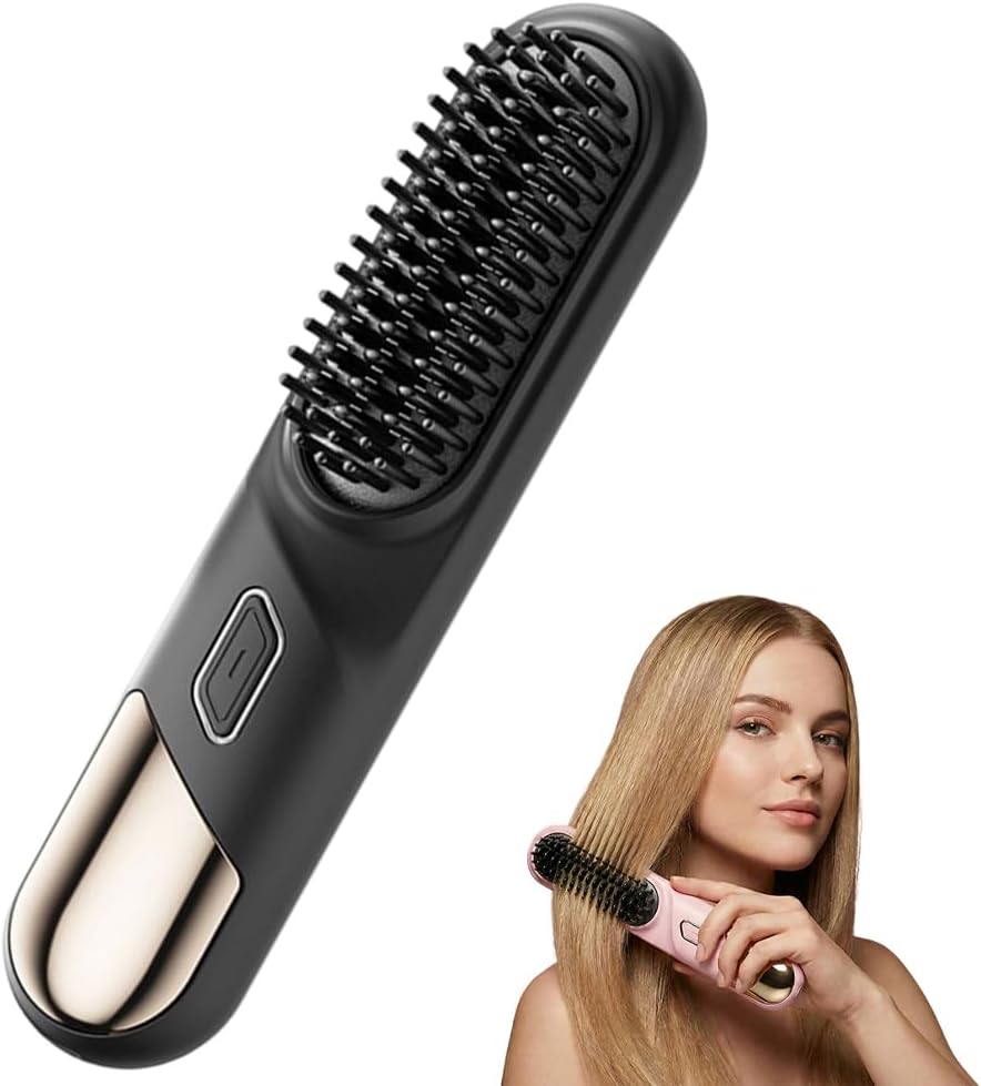 Portable Hair Straightener Brush - Cordless Ionic Comb for Short Hair | MCH Heating, 4 Temp Settings (Pink)