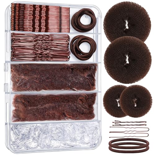 YGDZ Brown Hair Bun Kit – 200 pcs including Donuts, Nets, Bobby Pins, Ties (Brown)