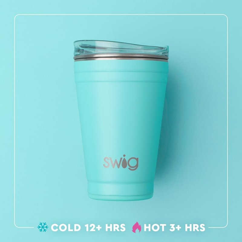 Swig Life 18oz Party Cup, Stackable Insulated Travel Coffee Tumbler with EZ Slider Lid, Cup Holder Friendly, Stainless Steel 18 oz Tumbler, Reusable Coffee Mug (Sea Swirl)