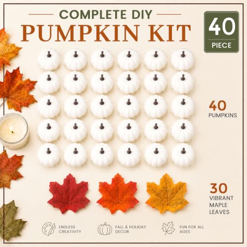 40 PCS White Mini Pumpkins with Maple Leaves for Fall Decor