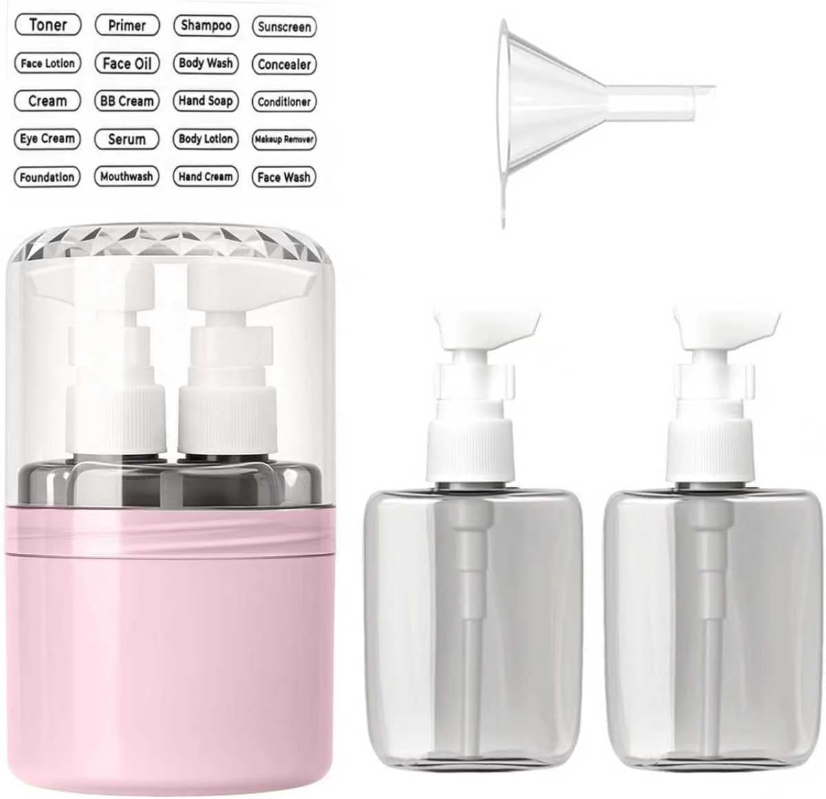 Travel Dispenser Bottle Set - 4 In 1 Refillable No Spill Design | Compact & Space Saving for Vacation or Business Trip (Pink)