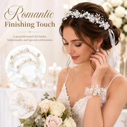 Bridal Pearl & Rhinestone Headband and Wrist Corsage Set - 2-Piece