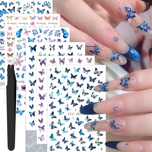 Butterfly Nail Art Stickers Set - 6 Sheets with Tweezers