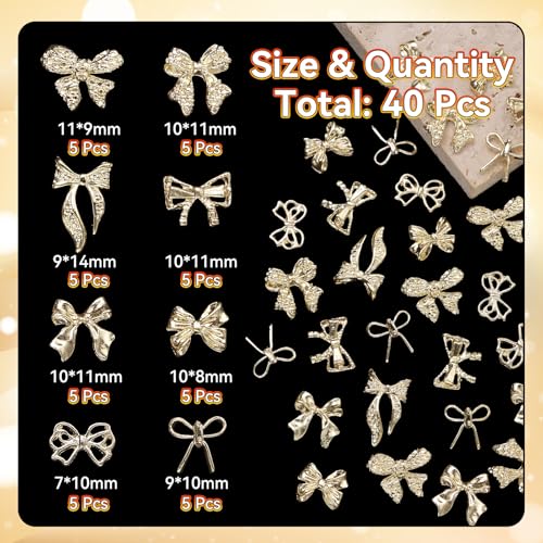 40 Pcs Gold Bow Nail Charms for Nail Art - Shiny Alloy Accessories