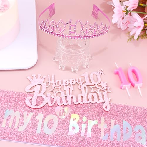 10th Birthday Party Decorations Set for Girls - Crown, Sash, Candle & Cake Topper