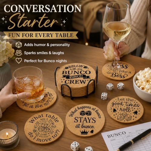 Funny Bunco Coasters Set of 6 with Holder - Cork Drink Coasters