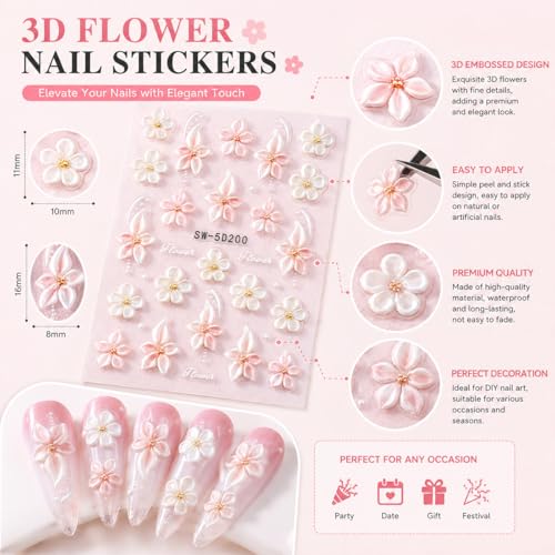5D Embossed Flower Nail Stickers with Pearl Gems for Nail Art