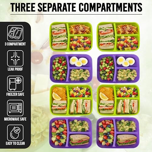Neez 3-Compartment Lunch Containers - 48oz Bento Box Set for Adults