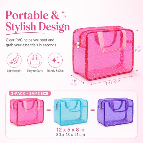 Mhtdet 3-Pack Large Clear Star Makeup Bags - Pink, Purple, Blue - Travel & Cosmetic Organizer