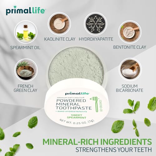 Primal Life Organics Dirty Mouth Toothpowder - Organic Vegan Tooth Cleaning Powder with Sweet Spearmint Flavor, 0.25 oz