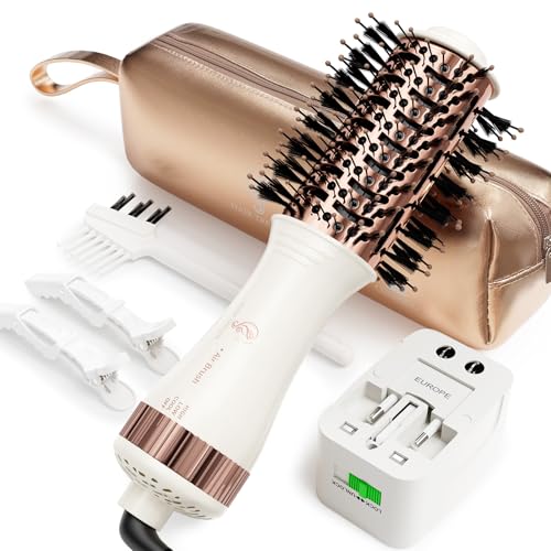 Travel Blow Dryer Brush in one, Dual Voltage 120V-240V Mini Hot Air Brush, Hair Trends Nano Titanium 2 Inch One Step Hair Dryer and Styler Volumizer Oval Shape