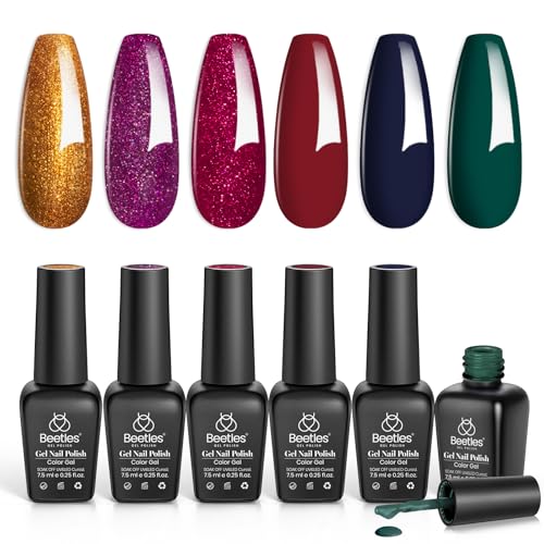 Beetles Gel Nail Polish Set - Boujee Gala Collection, 6 Colors, Burgundy Red Glitter Gold Green, Mixed Finishes