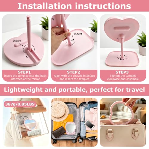 Heart-Shaped LED Makeup Mirror with 3 Light Colors for Girls