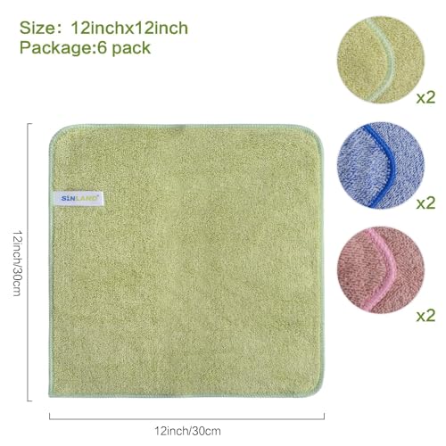 SINLAND Microfiber Face Washcloths - 12x12 Inch, 6 Pack, Highly Absorbent