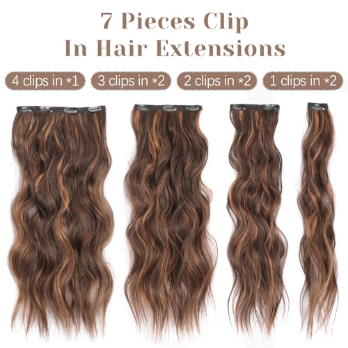 KooKaStyle 7-Piece Clip-in Wavy Hair Extensions, 20-Inch Auburn Mix