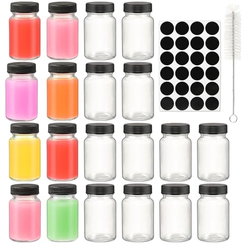 Yephets 20 Pack 2 oz Glass Shot Bottles with Black Lids & Labels - Leakproof Travel Sample Jars