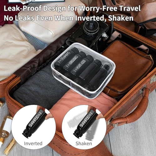 Cosywell 3.4oz Black Travel Bottles Set with Labels & Leakproof Spray & Jars - TSA Approved