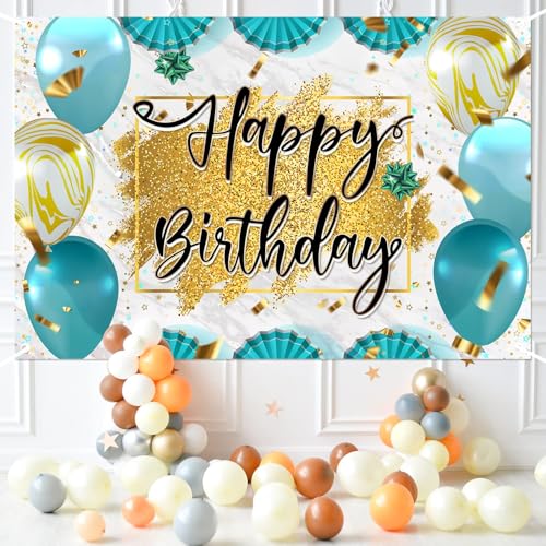 Teal & Gold Happy Birthday Backdrop Banner - 5.9x3.9FT Party Decor