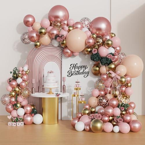 Rose Gold Balloon Arch Kit - 142Pcs Nude Pink & Gold Garland