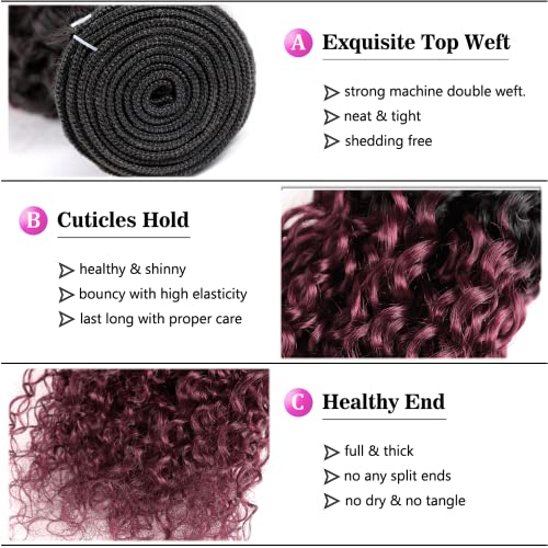 YOUNGHANN 1B/99J Kinky Curly Human Hair Bundles - 10, 12, 14 Inch Two Tone Black to Burgundy