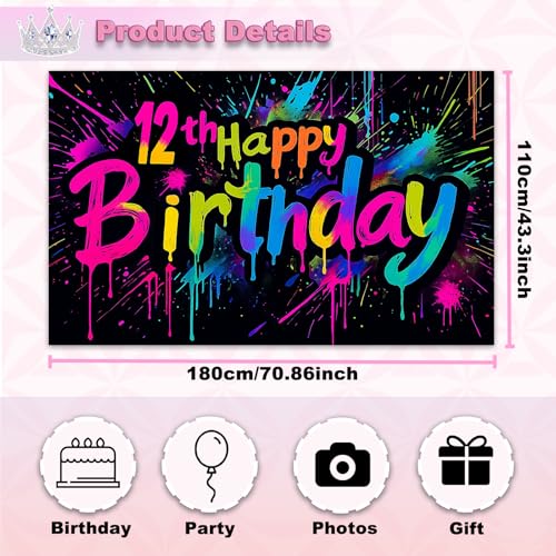 12th Birthday Party Banner - Rainbow Neon Splatter 71x43 Inch