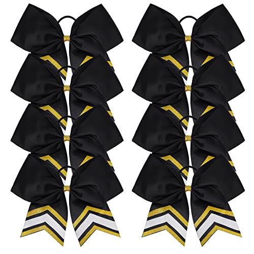 8 Pack Cheerleader Hair Bows 7-inch Glitter & Satin Ponytail Holders for Girls & Sports Teams