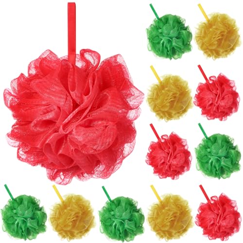 FuWeave Christmas Bath Loofah Sponge Set - 12 Pcs Red, Green, Gold Exfoliating Shower Sponges