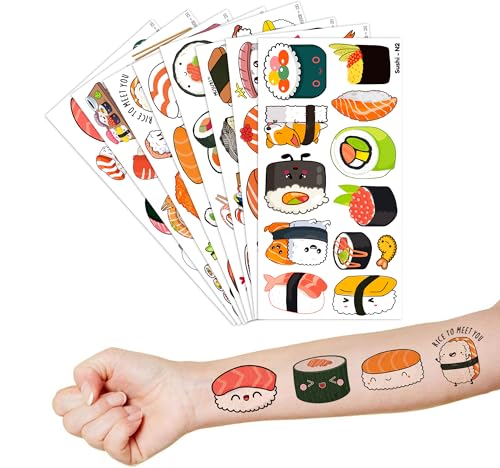 96 PCS Sushi Temporary Tattoos - Kids & Adults Water-Resistant Japanese Sushi Stickers