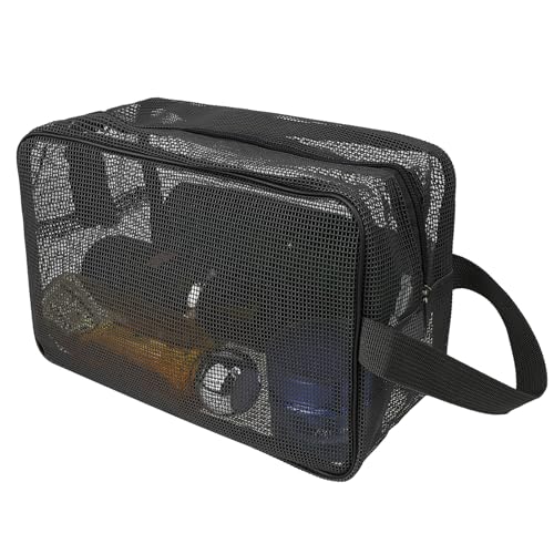 Cobee Portable Mesh Shower Bag with Zipper - Quick-Dry Toiletry Organizer 25x16cm (Black)