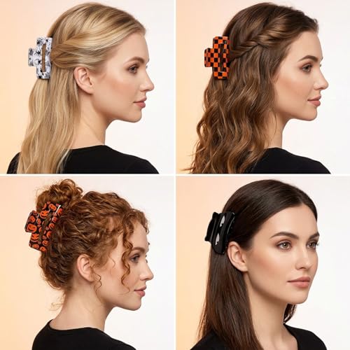 Budsmile 4PCS Halloween Hair Claw Clips – Pumpkin Spider Web Cat Lattice Nonslip Orange Pack