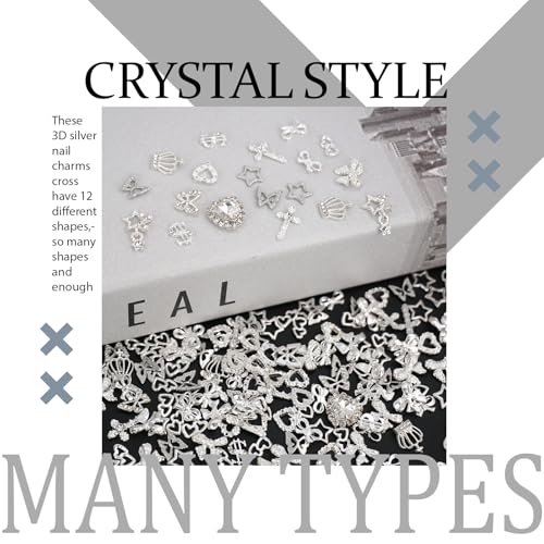 Silver Nail Charms 180pcs 12 Styles Y2K Crystal Star Butterfly Crown Bling