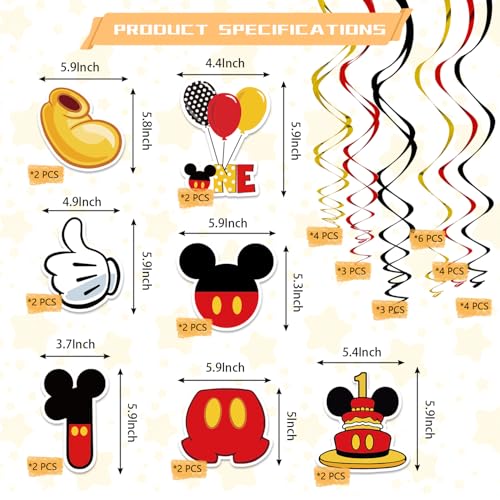 Red Mouse 1st Birthday Hanging Swirl Decorations - 38 Pcs