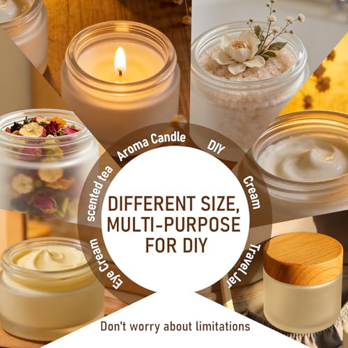 12 Pack Frosted Glass Cosmetic Jars with Wood Grain Lids - 1oz, 2oz, 4oz