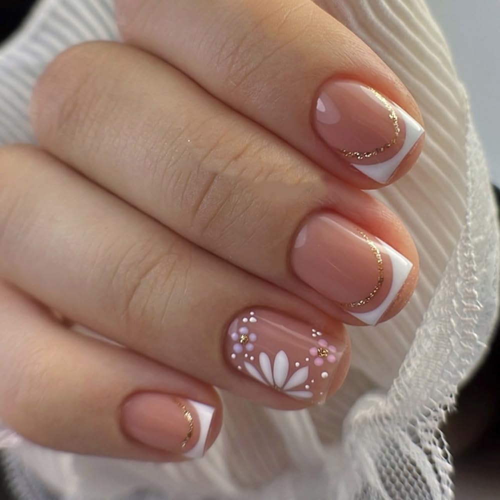 3D Gold Line French Tip Press-On Nails - Short Almond Glitter Light Nude | Handmade Acrylic Nails with 3D Pearl Designs