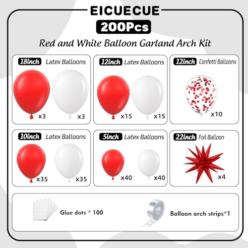 200-Piece Red and White Balloon Arch Kit with Stars for Parties
