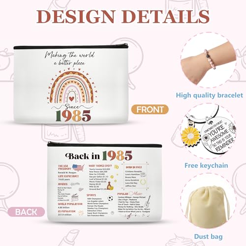 40th Birthday Gifts for Women Her - Personalized Makeup Bag, Natural Stone Bracelet & Keychain - 1985 Inspired 40 Year Old Decoration - 40th Birthday Decoration Gifts