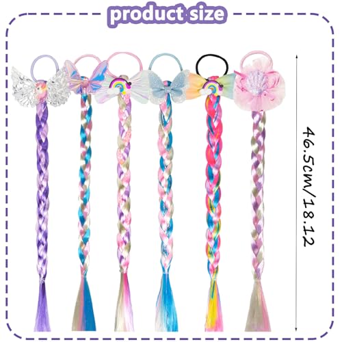 6 Pcs Rainbow Braided Hair Extensions for Girls - Colorful Ponytails with Bows