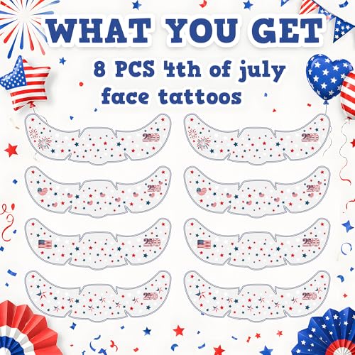 Patriotic 4th of July Face Tattoos - 8 Pack USA Designs