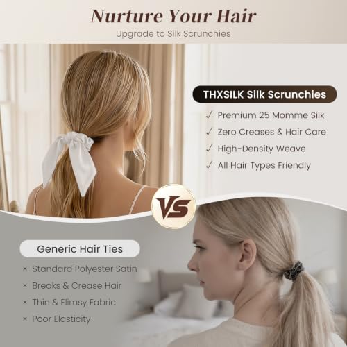 THXSILK White 25 Momme Pure Mulberry Silk Hair Scrunchies with Bow for Women & Girls